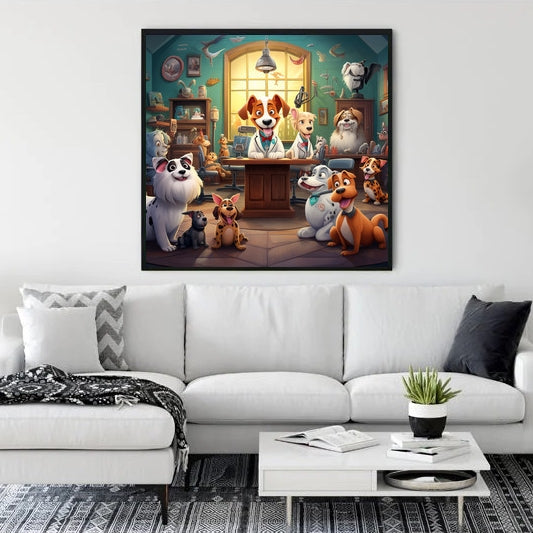 Paint by Numbers - Veterinarian comic painting hanging on a living room wall above a white couch with black and white decor.