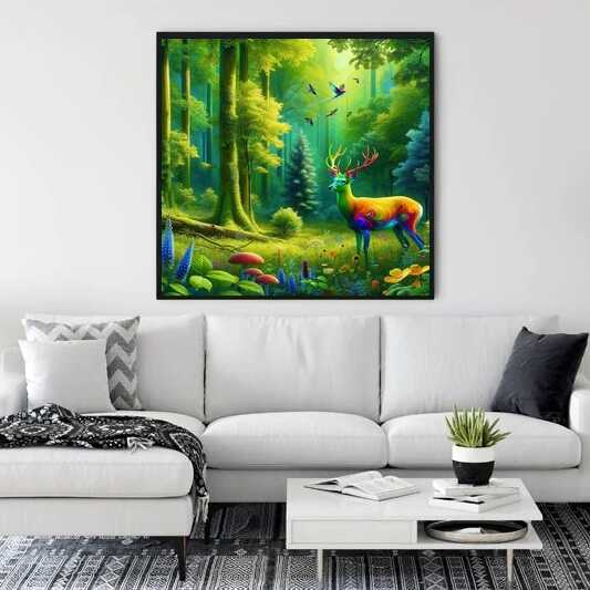 Paint by Numbers - Magic Forest of Colors artwork depicting a colorful deer in a vibrant forest, hangs above a modern white couch.