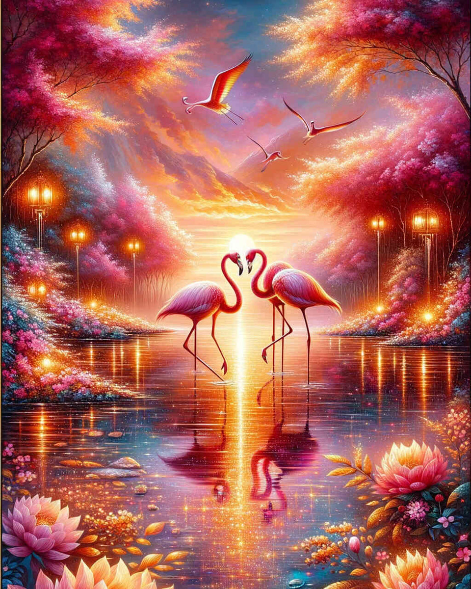 Pink flamingo, sunset - Paint by Numbers
