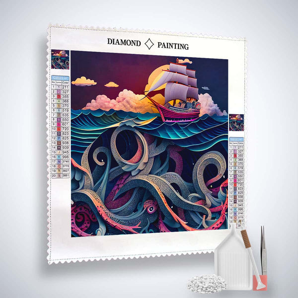 Diamond Painting Kit - Rough Sea Paperart Blue featuring a ship battling waves with an octopus, complete with acrylic diamonds and tools.