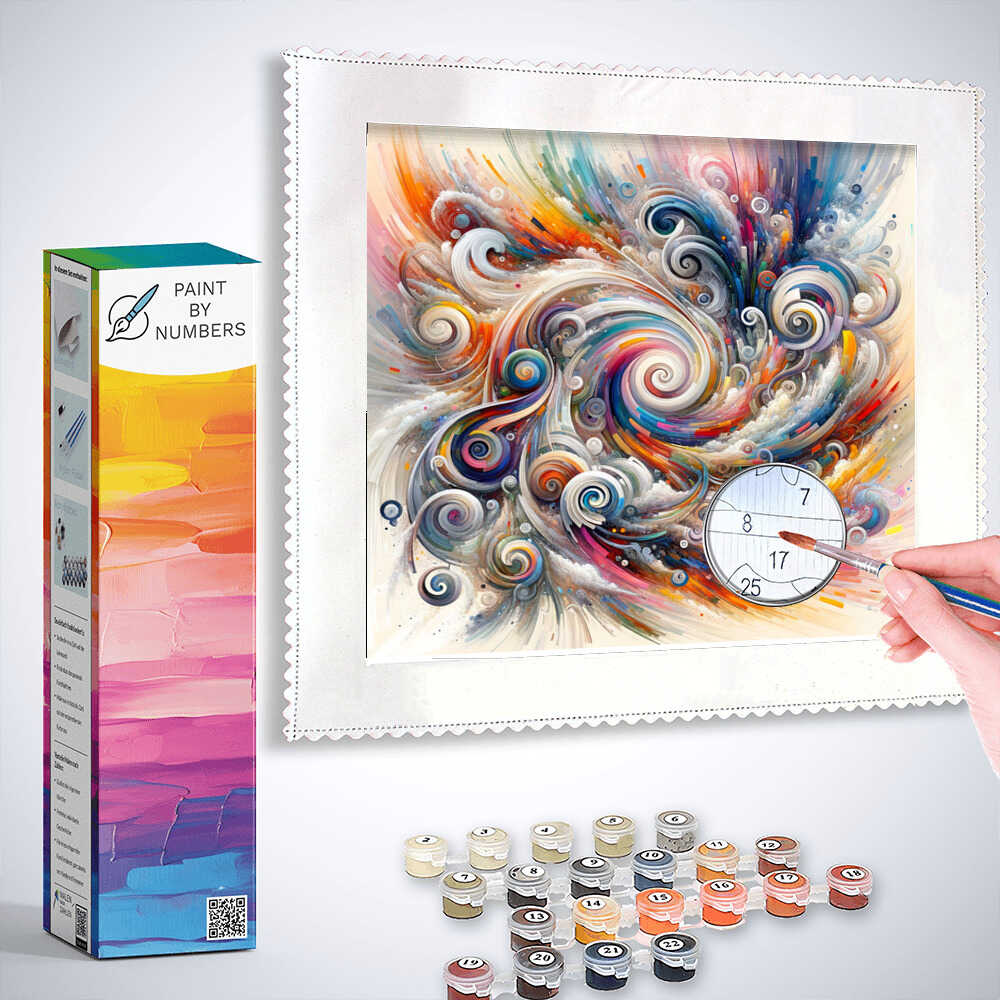 Paint by Numbers kit with vibrant swirling colors and painting tools