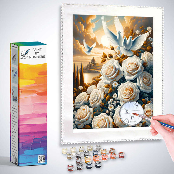Bouquet of flowers, doves of peace - Paint by Numbers