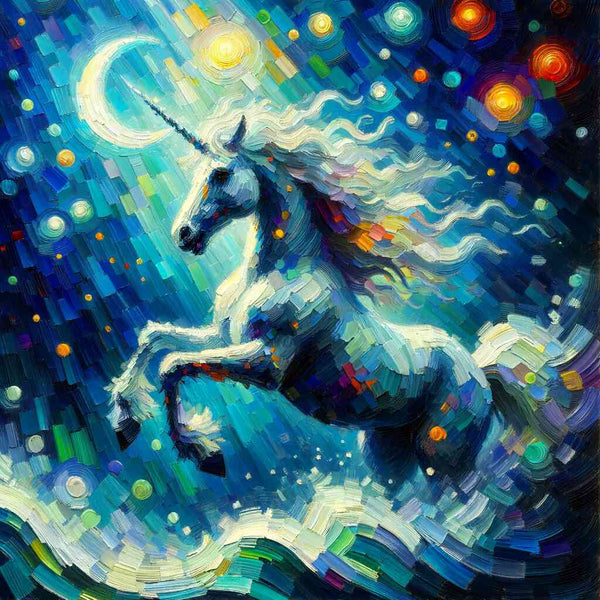 Paint by Numbers kit featuring a radiant white unicorn floating through a vibrant, colorful nighttime galaxy in 