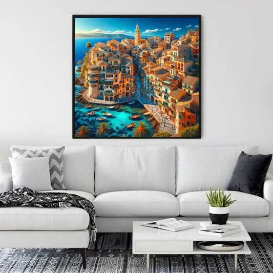 Mediterranean Whispers Paint by Numbers artwork in expressionist style hanging above white sofa, capturing coastal warmth and tranquility
