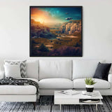 Modern living room featuring diamond painting of fantasy landscape green on wall, ideal for paint by numbers art enthusiasts