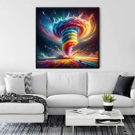 Paint by Numbers kit featuring vibrant abstract tornado artwork called "Color Storm of Feelings" displayed above a modern white sofa.