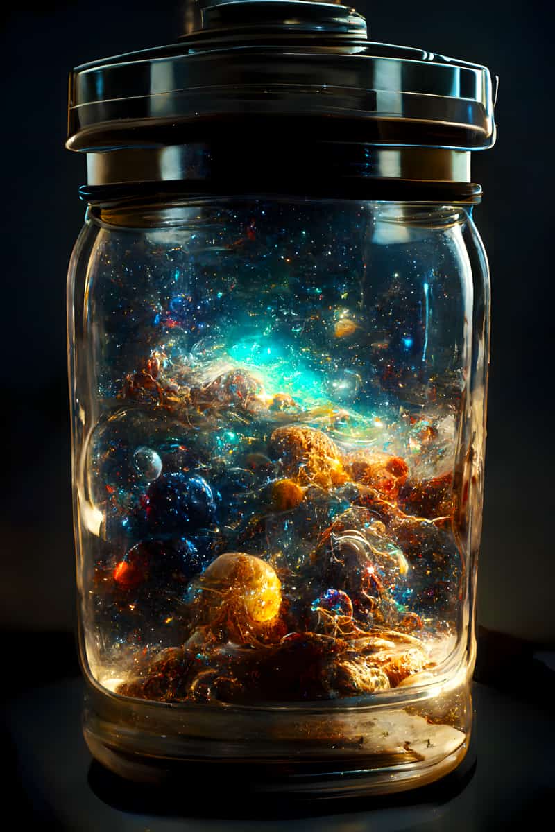 Space-themed diamond painting in a glass jar with sparkling acrylic diamonds, featuring vibrant cosmic elements and galaxies.