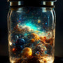 Space-themed diamond painting in a glass jar with sparkling acrylic diamonds, featuring vibrant cosmic elements and galaxies.