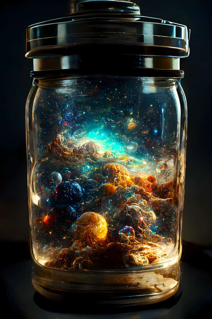 Space-themed diamond painting in a glass jar with sparkling acrylic diamonds, featuring vibrant cosmic elements and galaxies.