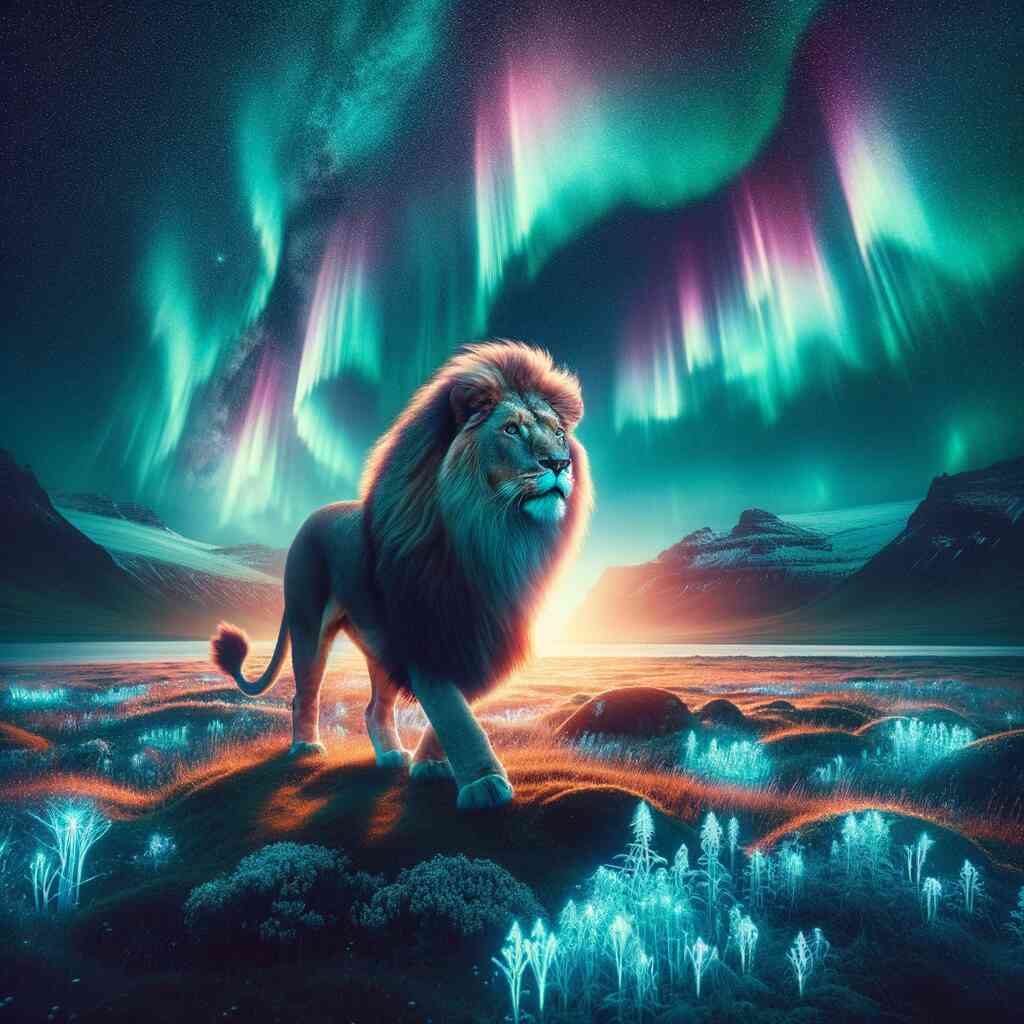 Majestic lion illuminated by Northern Lights with paint by numbers kit, vibrant flora and snow-capped mountains in the background