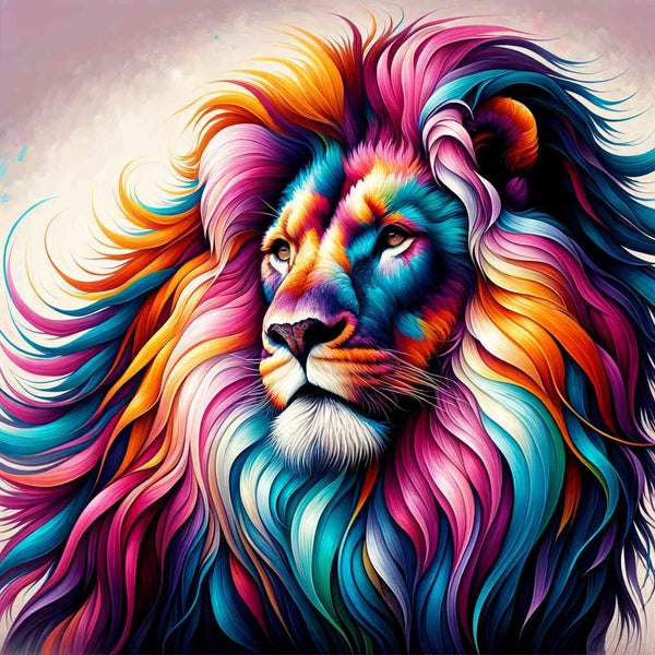 Paint by Numbers - vibrant lion with a flowing mane in crimson, azure, and yellow, reflecting light and showcasing the wild beauty of nature