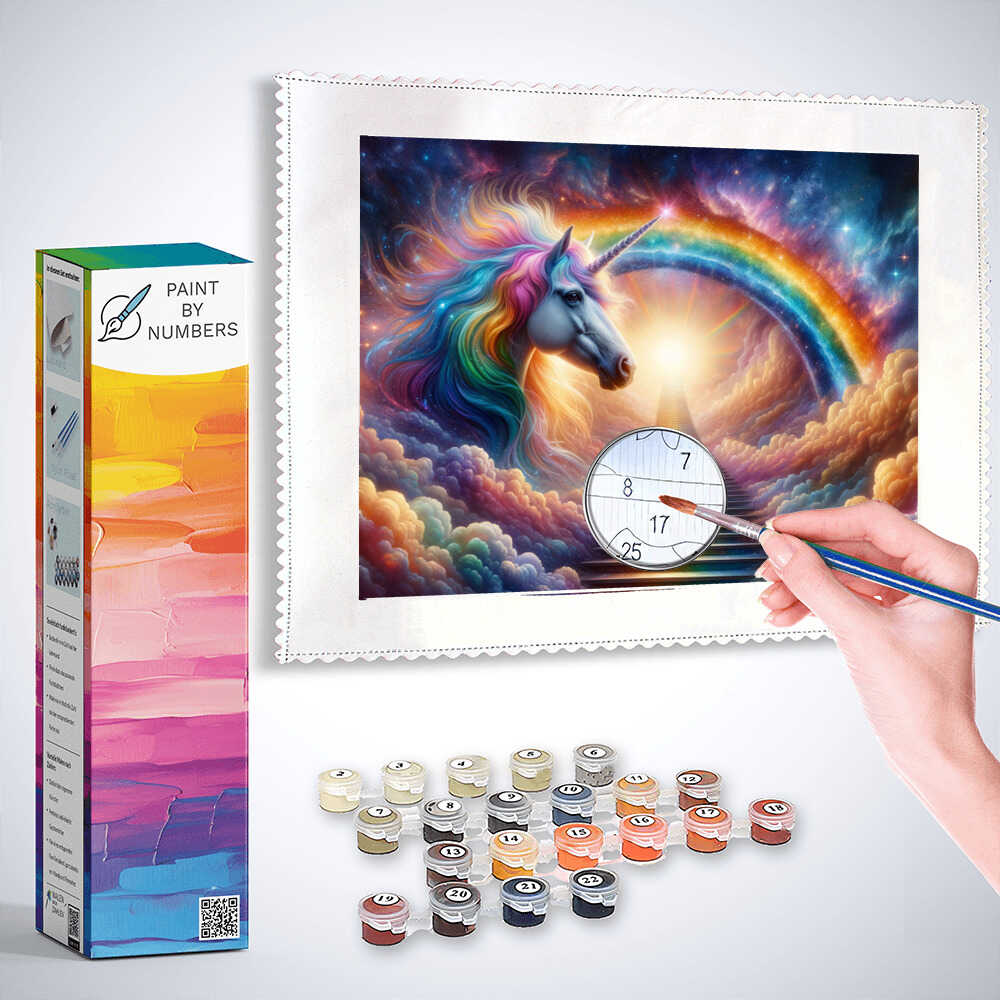 Paint by Numbers - Rainbow unicorn in front of stairs to the rainbow