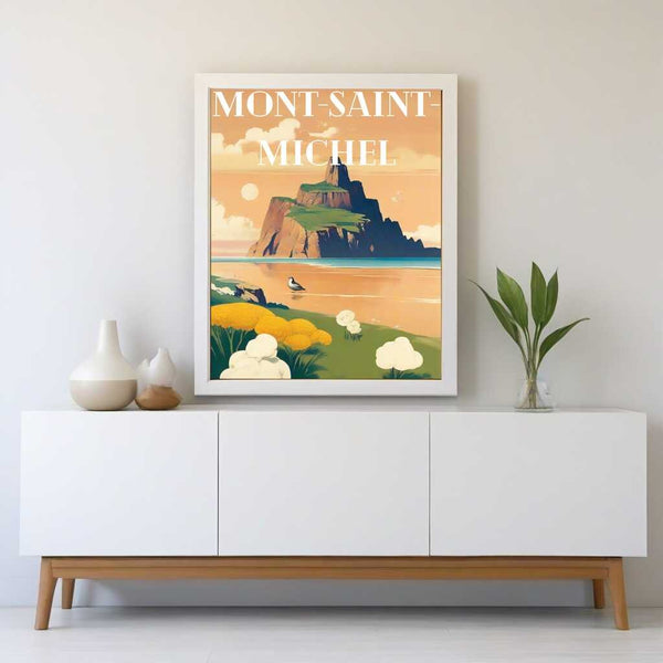 Paint by Numbers kit depicting Mont-Saint-Michel with blooming flowers and a serene coastal scene, styled on a modern white console.