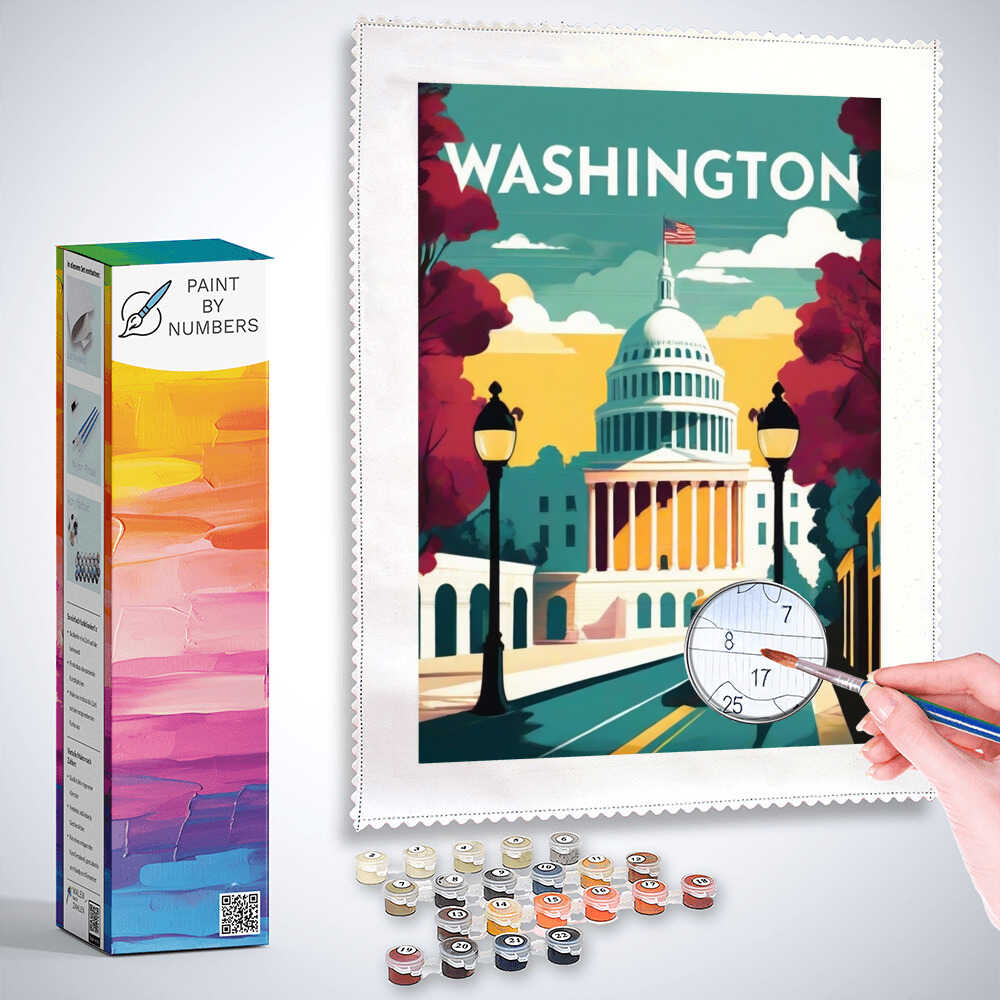 Paint by Numbers - Capital in Splendor Washington DC scene with vibrant colors. Brush and paints included for DIY painting.