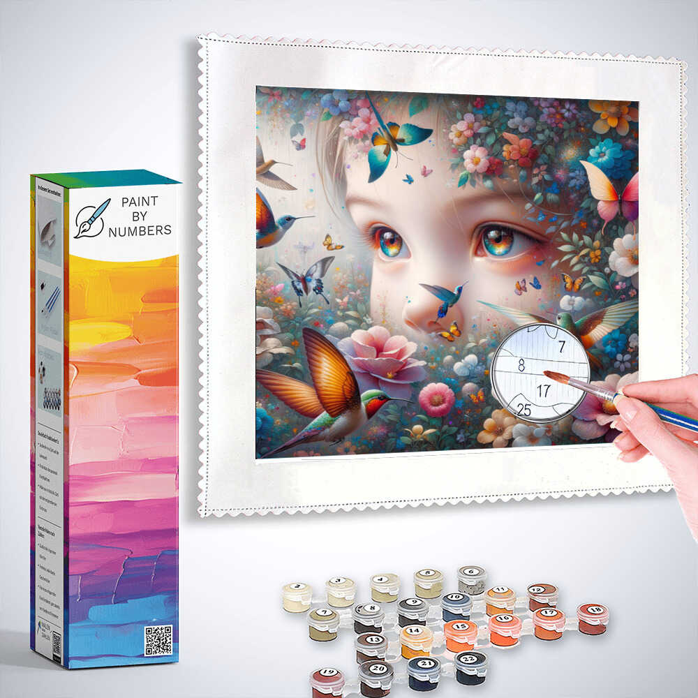 Paint by Numbers - Child with hummingbird and butterflies