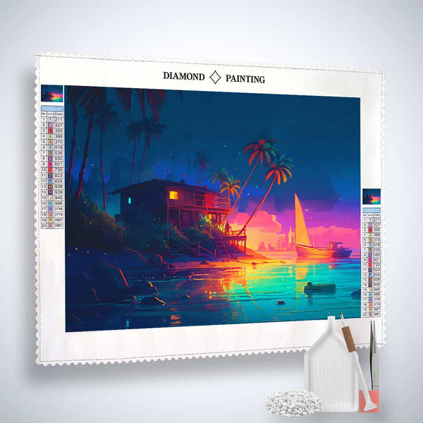 AB Diamond Painting - Beach Party kit with professional canvas and tools depicting a vibrant beach scene at sunset.