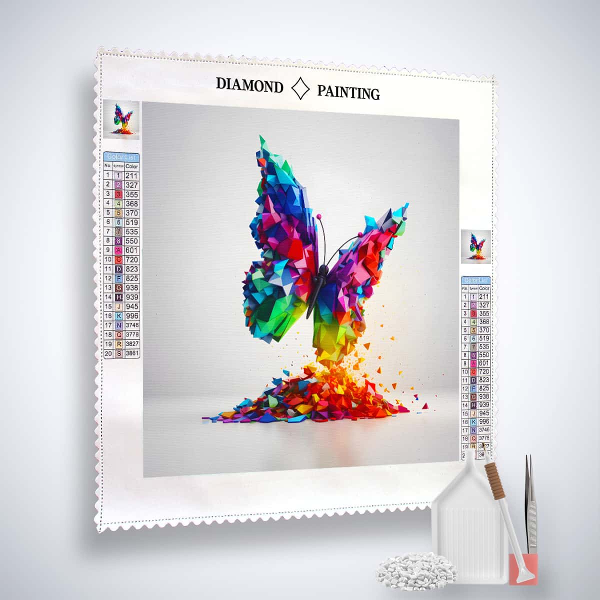 Diamond Painting Butterfly Future kit with Paint by Numbers canvas, acrylic diamonds, artist's tweezers, and application tools.