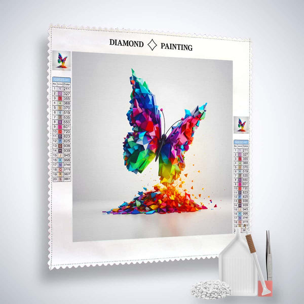 Diamond Painting Butterfly Future kit with Paint by Numbers canvas, acrylic diamonds, artist's tweezers, and application tools.