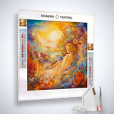 Diamond Painting - Breeze and Willows kit with colorful artwork and painting tools, including application pen, tweezers, and acrylic diamonds