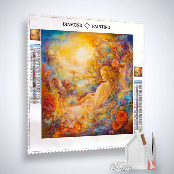 Diamond Painting - Breeze and Willows kit with colorful artwork and painting tools, including application pen, tweezers, and acrylic diamonds