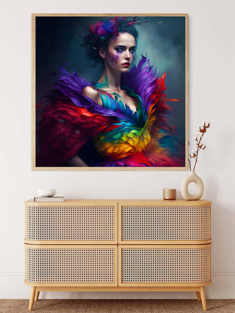 AB Diamond Painting of a woman in a rainbow dress displayed on a wall, part of a Paint by Numbers kit.