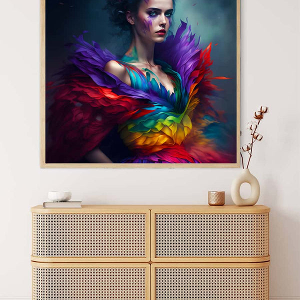 AB Diamond Painting of a woman in a rainbow dress displayed on a wall, part of a Paint by Numbers kit.