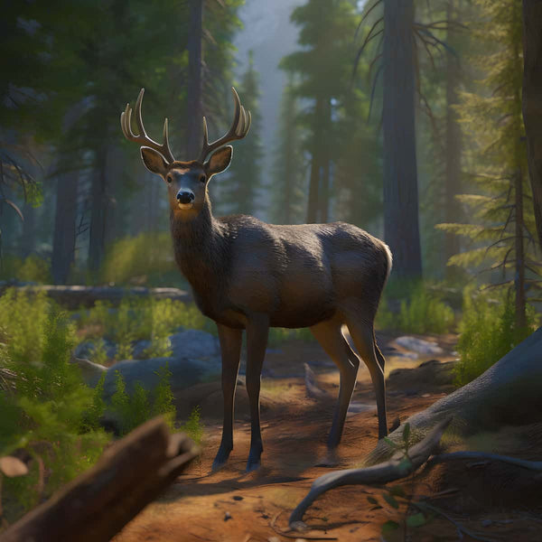 Deer standing in a peaceful forest, surrounded by trees and sunlight, perfect for Diamond Painting and Paint by Numbers projects.