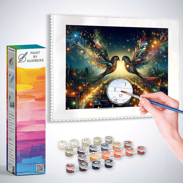 Paint by Numbers kit for "City Lamps and Whispers of Stars" featuring two dazzling birds with colorful wings in a nighttime cityscape.