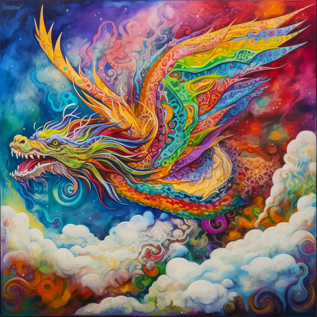 Vibrant dragon diamond painting featuring bold colors and intricate details in a fantasy-themed design with clouds in the background.
