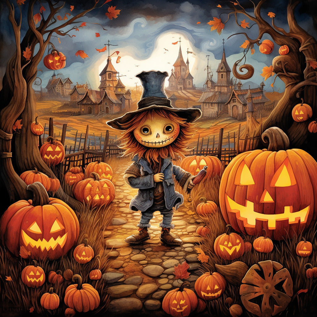 Festive Halloween scene with scarecrow and glowing pumpkins in Paint by Numbers kit.