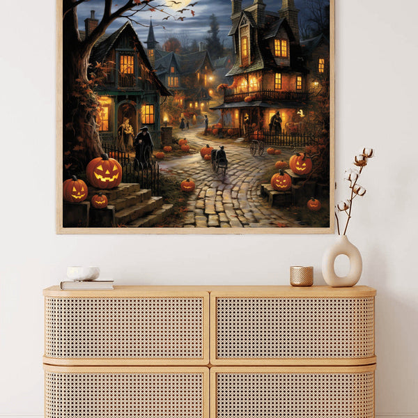 Paint by Numbers - Halloween village mystery artwork displayed on wall above wooden cabinet, with pumpkins and spooky village scene.