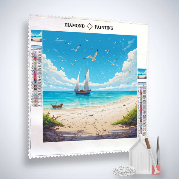 Diamond Painting - Paradise Beach kit with a sailboat design, canvases, acrylic diamonds, artist's tweezers, and pen for Paint by Numbers.