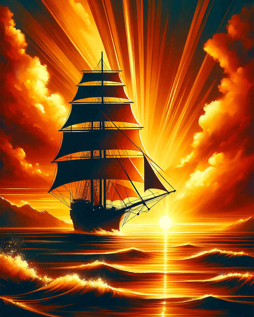 Sailing ship in front of the sun - Paint by Numbers