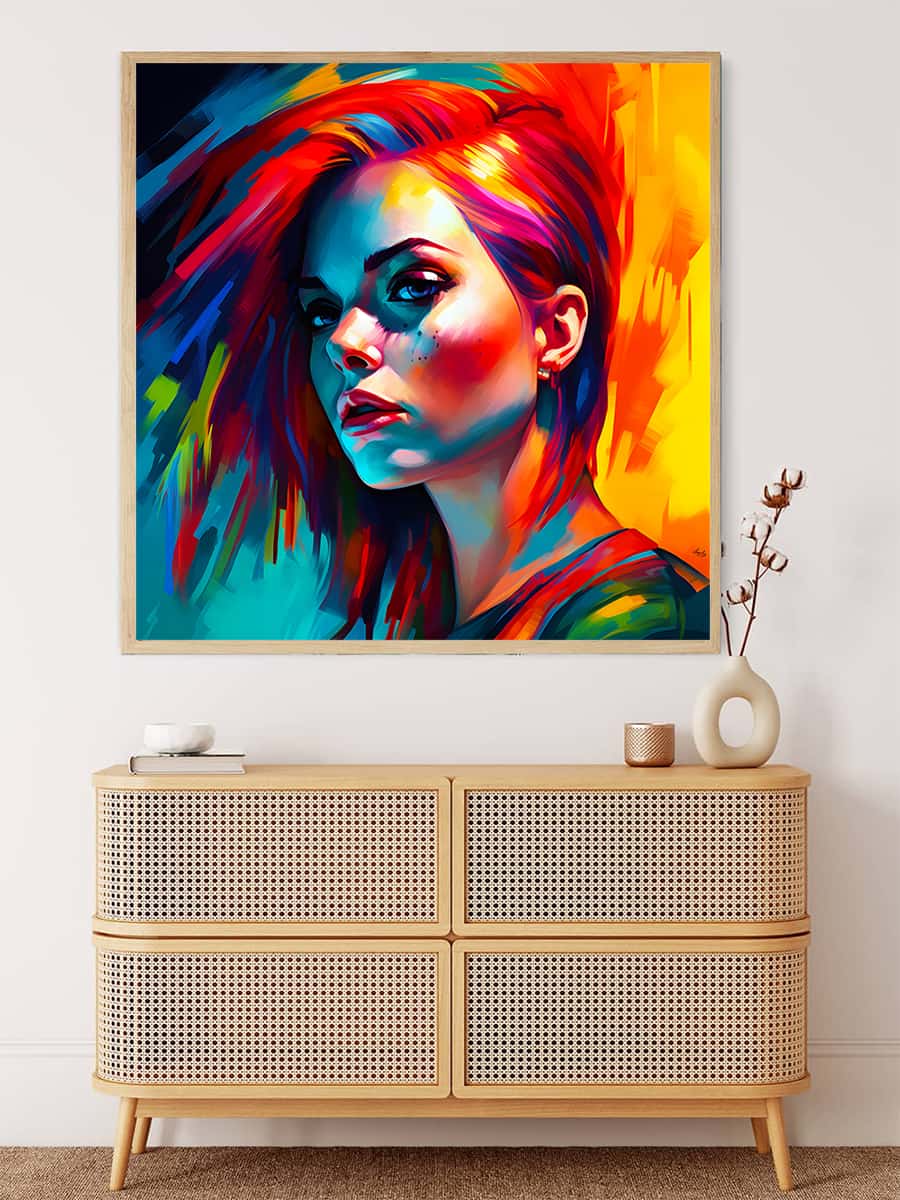 Diamond Painting - Future Woman framed artwork on a wall above a wooden dresser, featuring vibrant colors and a futuristic female portrait.