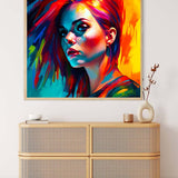 Diamond Painting - Future Woman framed artwork on a wall above a wooden dresser, featuring vibrant colors and a futuristic female portrait.