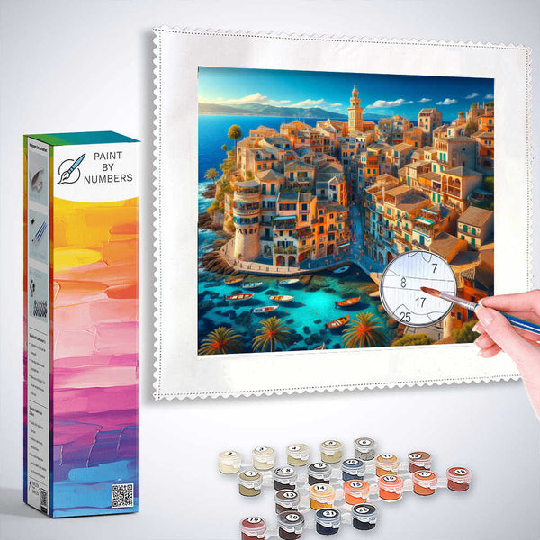 Paint by Numbers kit for "Mediterranean Whispers" with vibrant coastal painting, paint palette, and brush in use.