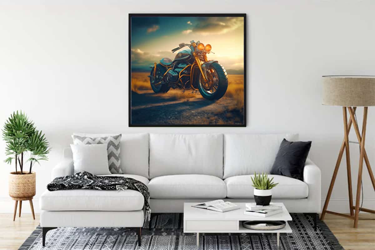 Diamond Painting - Road Cruiser displayed in a modern living room, showcasing a motorcycle painting. Perfect for Paint by Numbers enthusiasts.