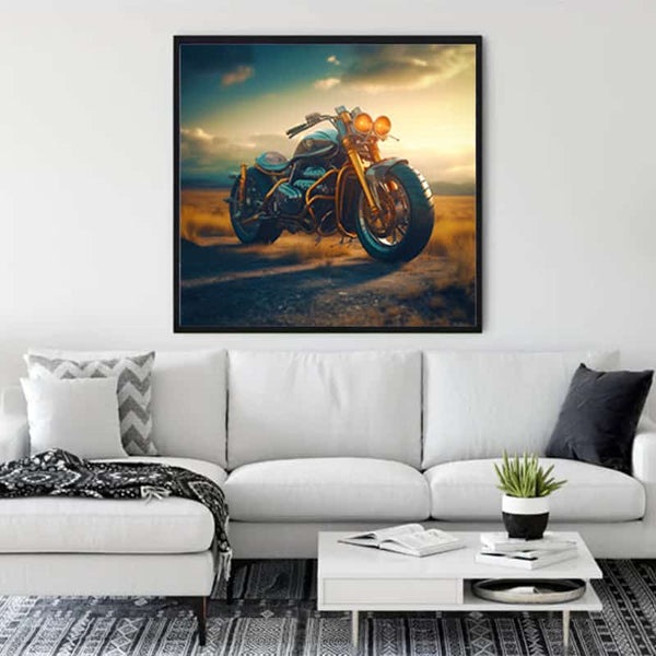 Diamond Painting - Road Cruiser displayed in a modern living room, showcasing a motorcycle painting. Perfect for Paint by Numbers enthusiasts.