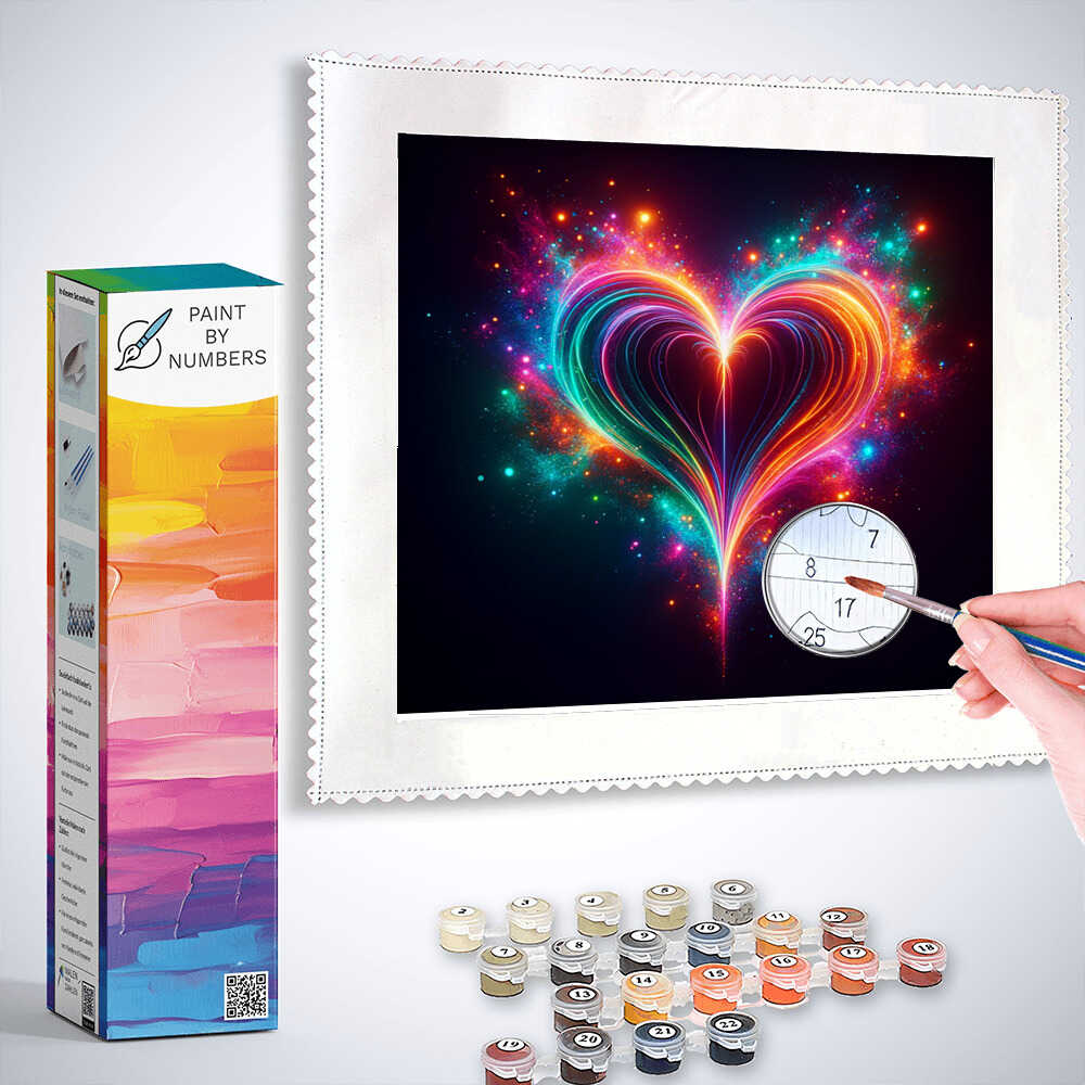 Paint by Numbers kit featuring "Cosmic Heart Flicker" with radiant heart in a luminous cosmos, surrounded by paint colors and brush.