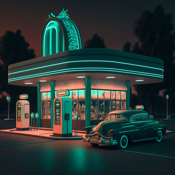 Retro 50s diner at night with neon lights and a classic car in front, representing Diamond Painting Kits - Chrome shine of the 50s. Paint by Numbers.