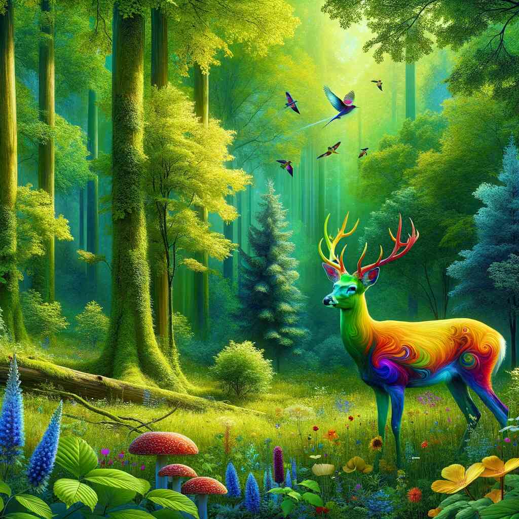 Paint by Numbers - Magic Forest of Colors with a deer, vibrant trees, colorful birds, and blooming flowers in a lush forest setting.