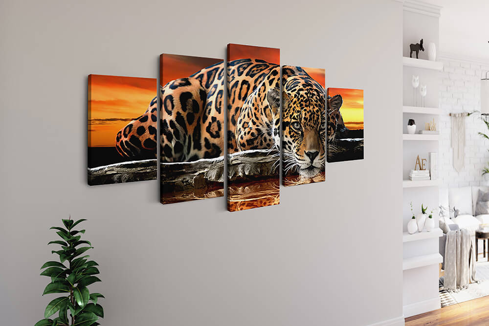 Malen nach Zahlen 5 teilig - Liegender Leopard, vor dem Sonnenuntergang - hochwertige Leinwand - multi5, neue_bilder