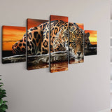 Malen nach Zahlen 5 teilig - Liegender Leopard, vor dem Sonnenuntergang - hochwertige Leinwand - multi5, neue_bilder