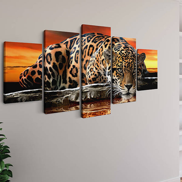 Malen nach Zahlen 5 teilig - Liegender Leopard, vor dem Sonnenuntergang - hochwertige Leinwand - multi5, neue_bilder
