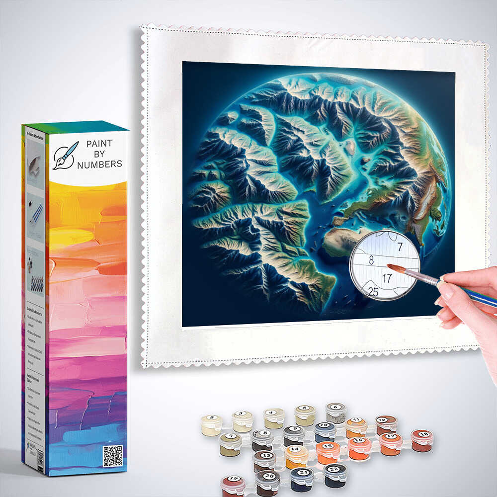Paint by Numbers kit featuring a painting of Earth's mountains and valleys with turquoise accents.