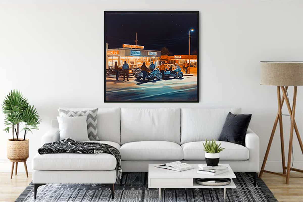 Diamond Painting - Speed Rush displayed above a white sofa in a modern living room.