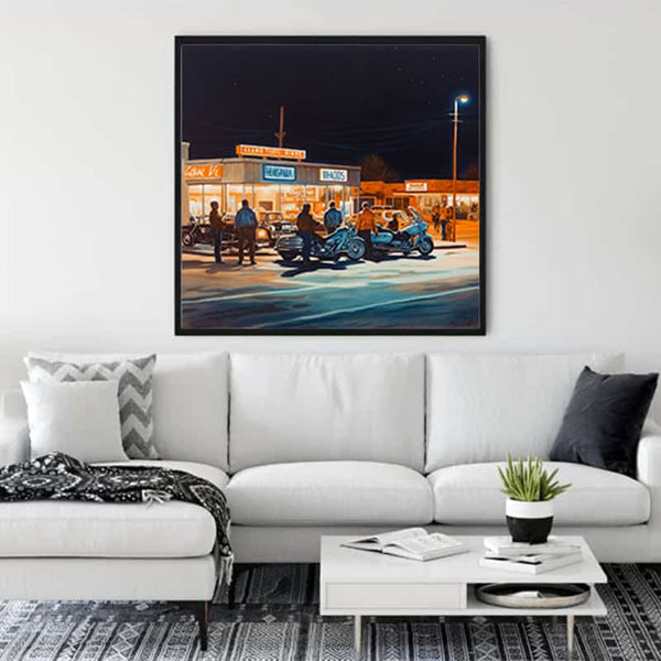 Diamond Painting - Speed Rush displayed above a white sofa in a modern living room.