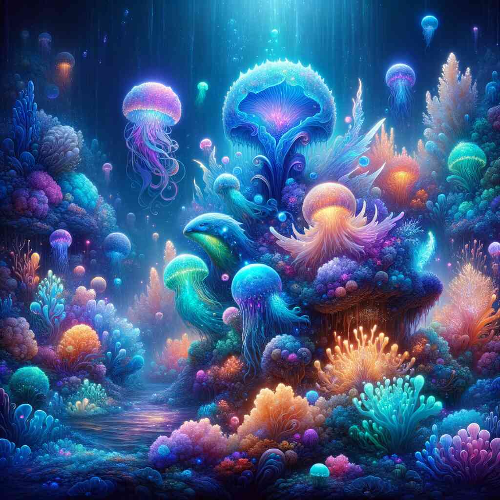 Paint by Numbers - Mysterious Deep Sea featuring glowing jellyfish and fluorescent coral reefs in rich blue and purple tones