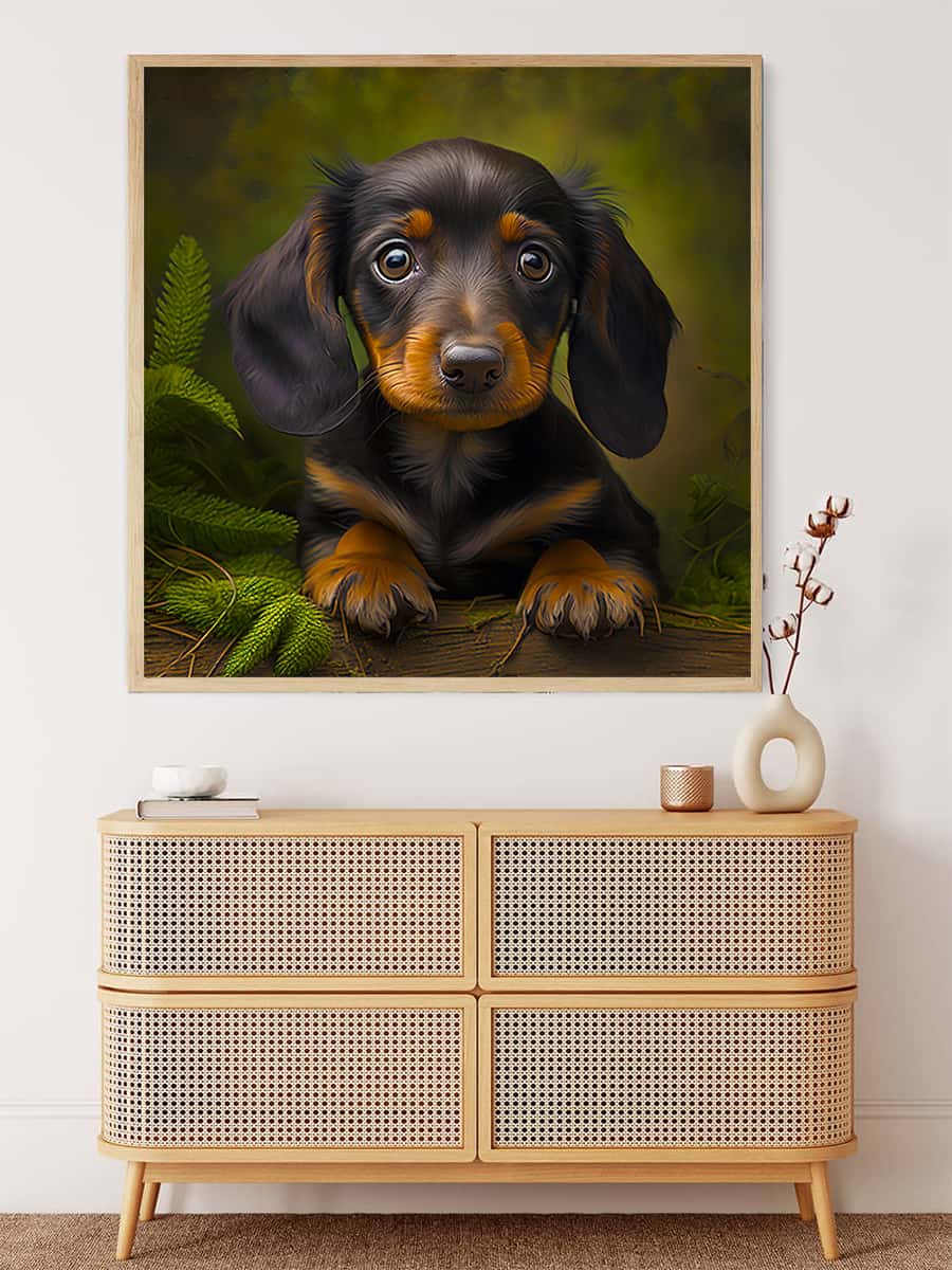 Dachshund Diamond Painting Kit hung above a wooden dresser, perfect for Paint by Numbers enthusiasts.
