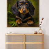 Dachshund Diamond Painting Kit hung above a wooden dresser, perfect for Paint by Numbers enthusiasts.